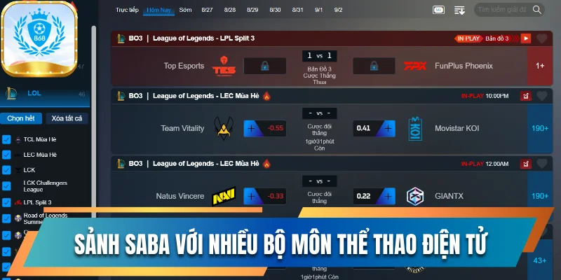 Chinh Phục Esport 868vip Với Nhiều Trò Chơi Thịnh Hành 2 Sảnh Saba với nhiều bộ môn thể thao điện tử thu hút